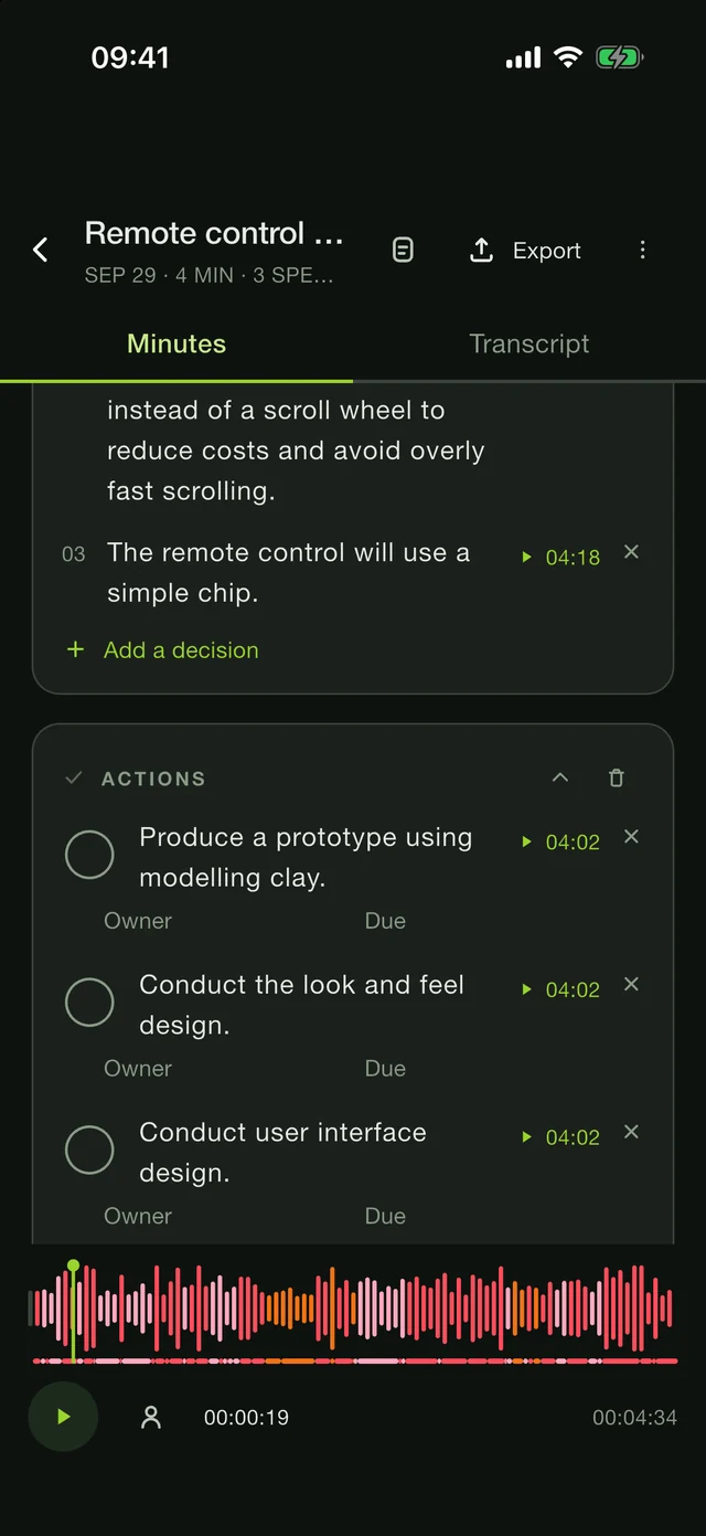 Minutes drafted by AuralMinutes: decisions and actions, each with a link to the moment in the recording.