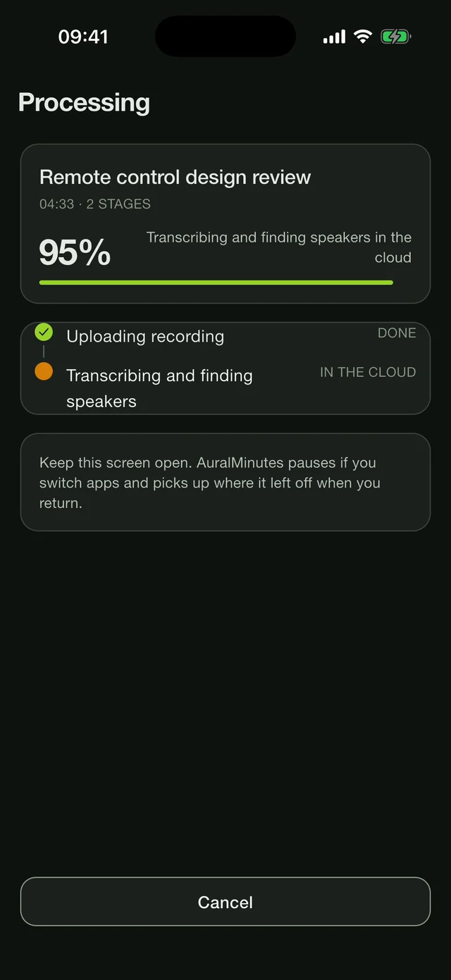 AuralMinutes transcribing a four-minute meeting in the cloud: the upload is done and speakers are being found.