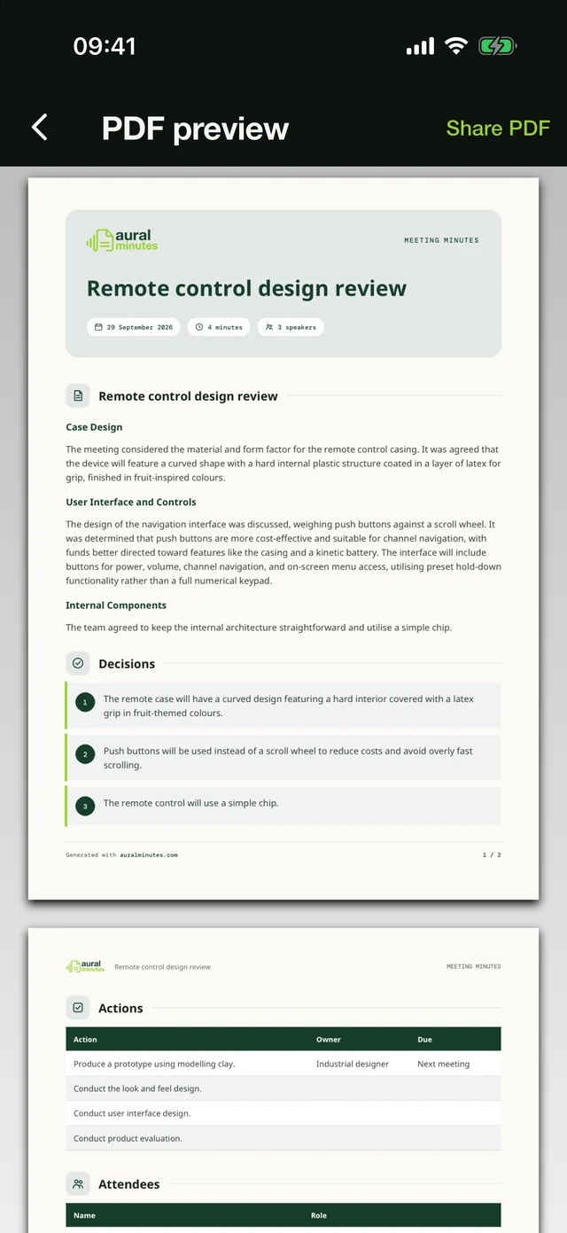 The finished minutes as a PDF preview in AuralMinutes.